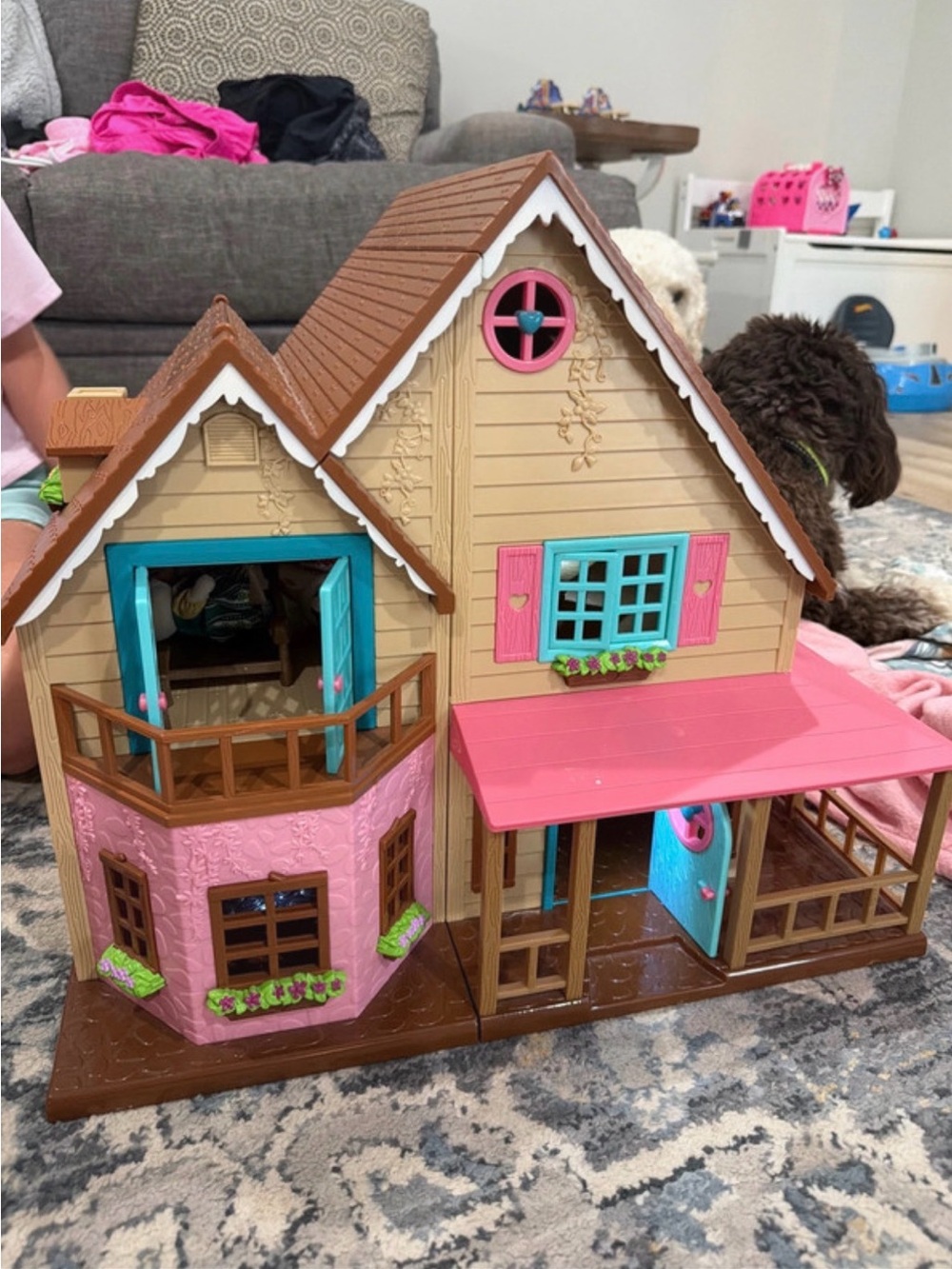 Pink & Tan Kids Dollhouse Play Cottage with Teal Accents